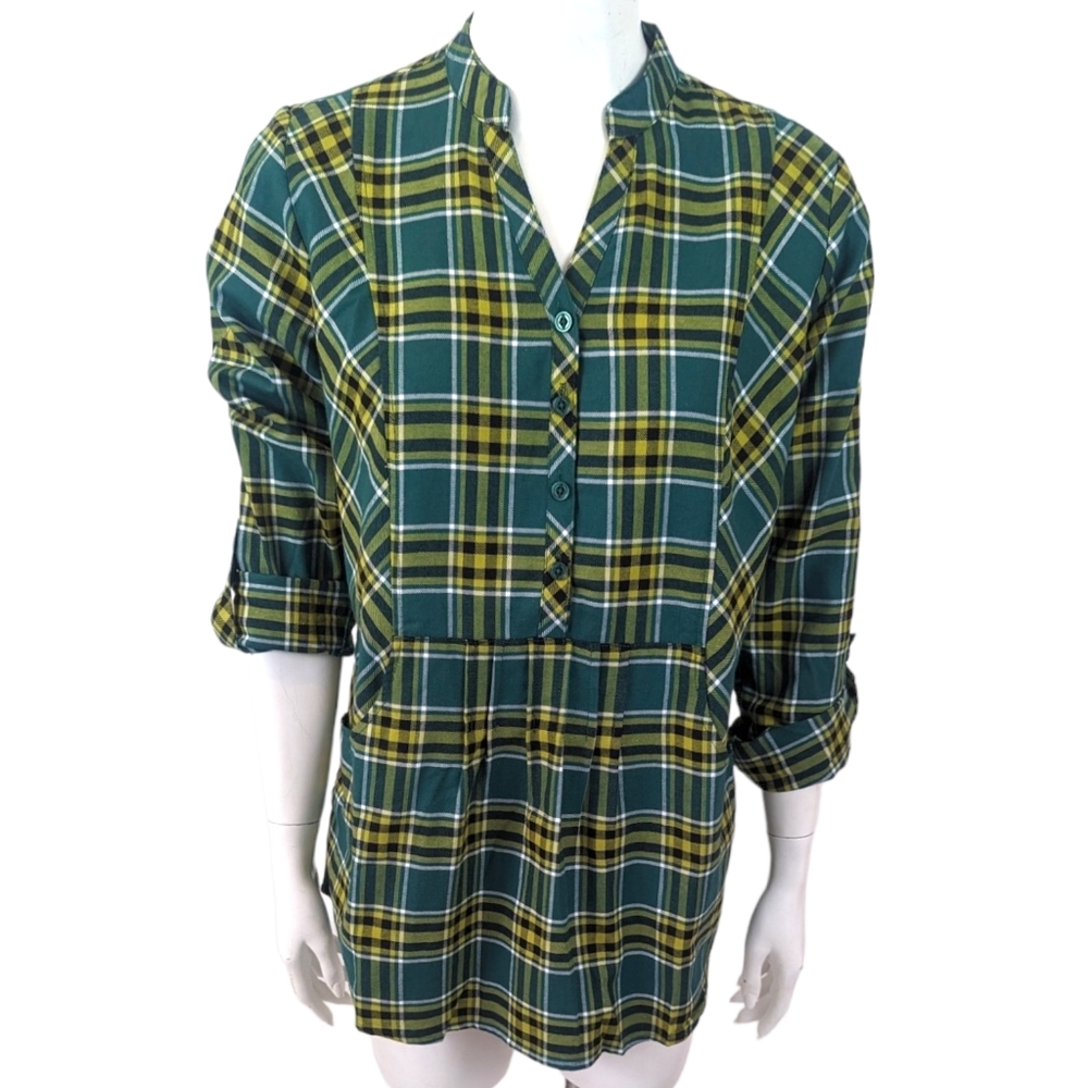 Joan Rivers Long Sleeve Plaid Popover Top Bouse NWOT Womens 8 Medium Green Bay - Picture 2 of 10